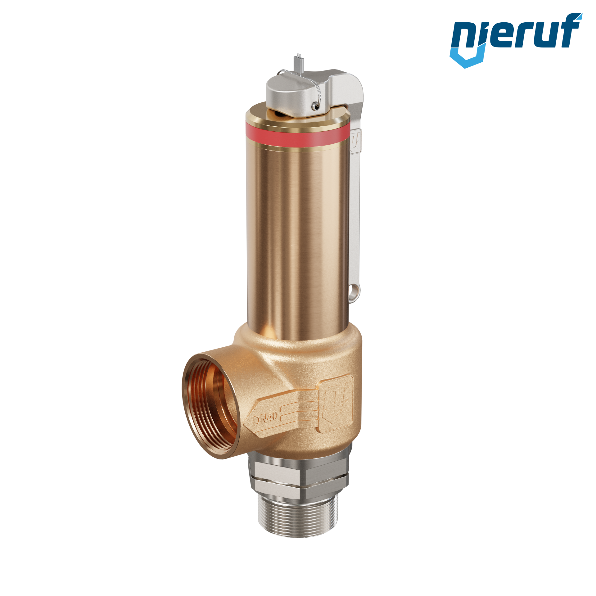 valvola di sicurezza criogenica con leva DN25 1 1/4" M x 1 1/2" F SV18, acciaio inox & ottone rosso PTFE